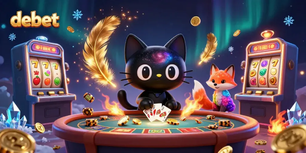 Experience thrilling casino excitement with debet, featuring a cosmic table, a black hole cat, and vibrant game elements.