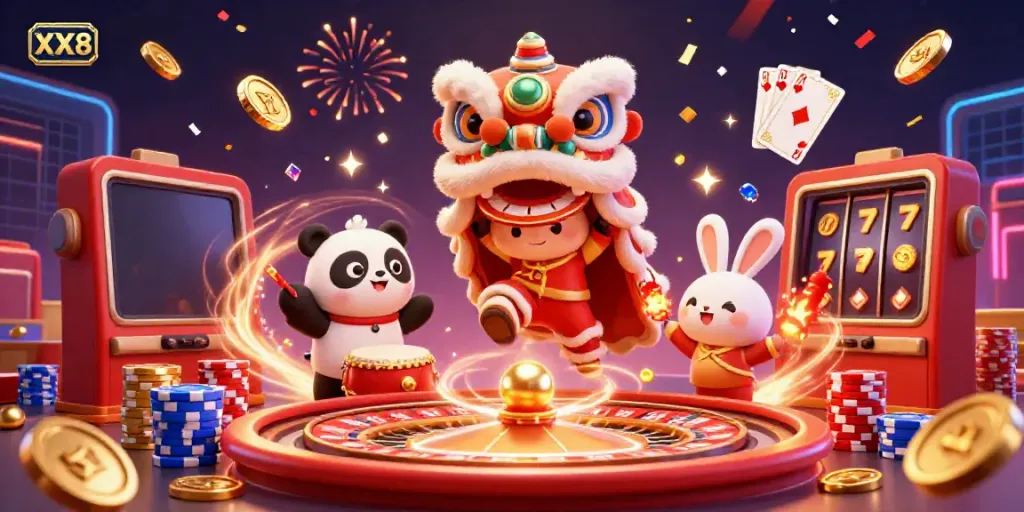 Experience the thrill of XX8 with a vibrant casino scene featuring lively characters and festive elements.