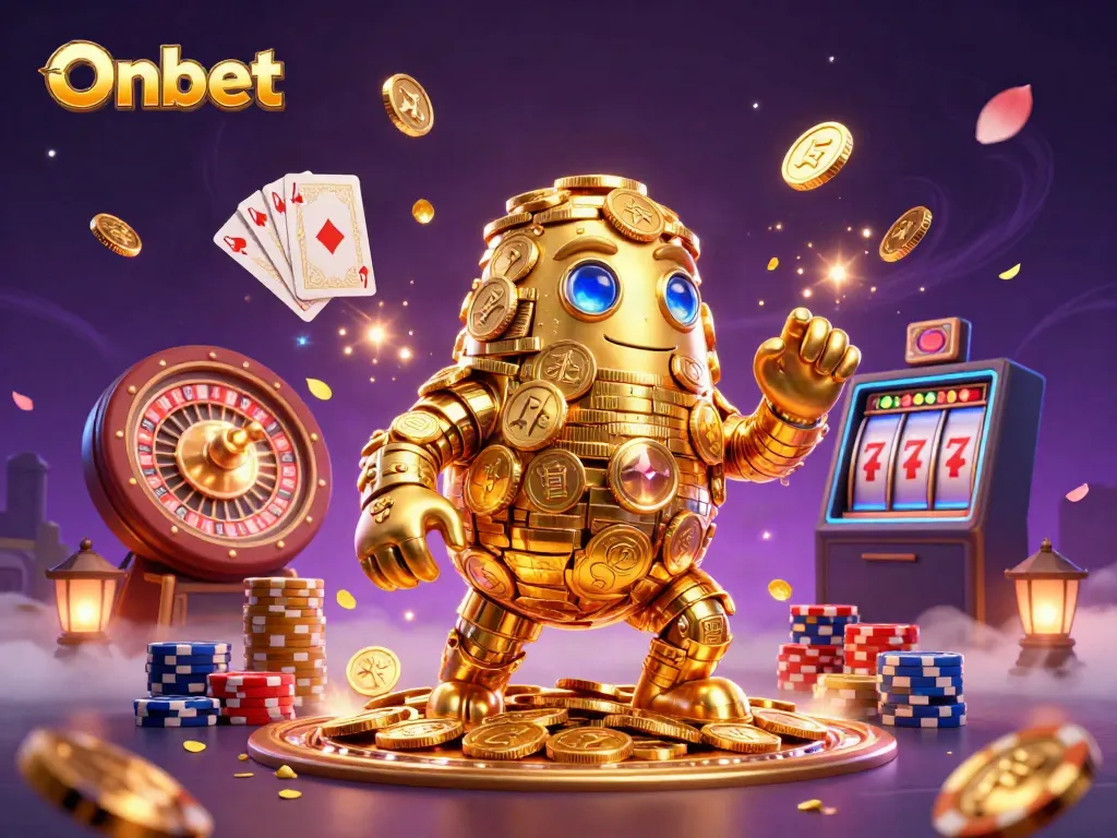 Experience Onbet's exciting gaming world with a dynamic 3D illustration featuring a golden golem and casino elements.