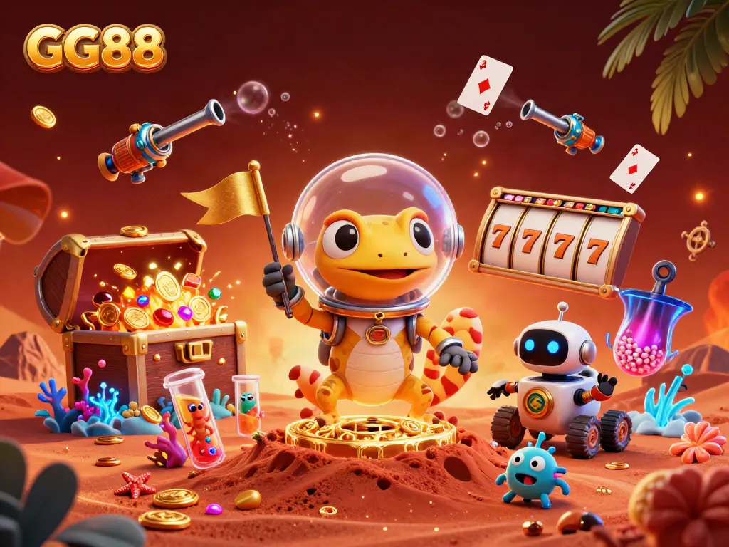 Experience the excitement of GG88 with a Martian gecko exploring a golden casino among vibrant gambling elements.