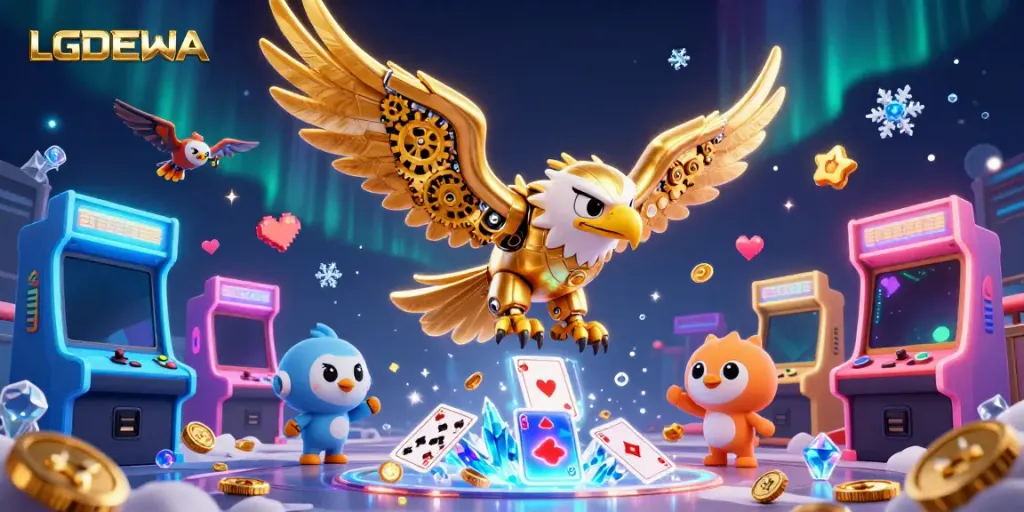 Engage with LGODEWA's vibrant casino action featuring a golden eagle amidst arcade games.