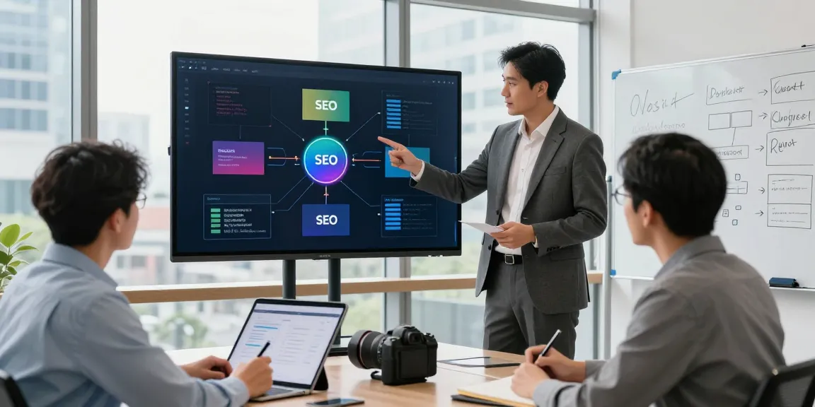 SEO strategy consulting session with a professional discussing a roadmap in an engaging office environment.