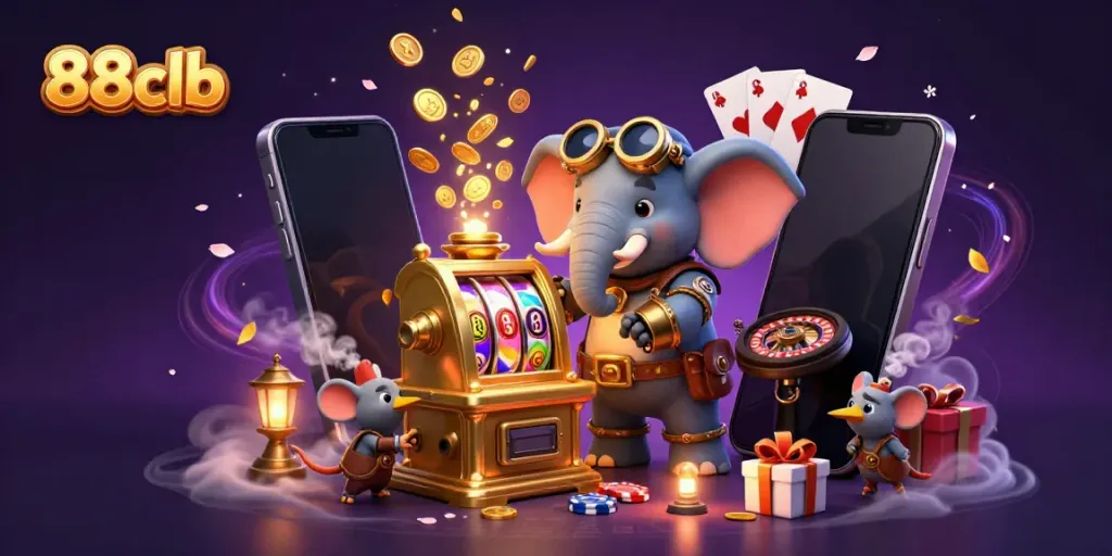 Experience the excitement of 88clb with a dynamic steampunk scene featuring colorful slot games and vibrant casino elements.
