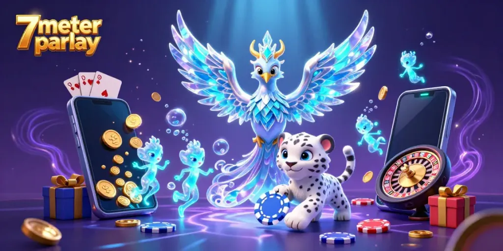 Engage with the vibrant 7meter parlay scene featuring an ice phoenix and slot elements radiating excitement.