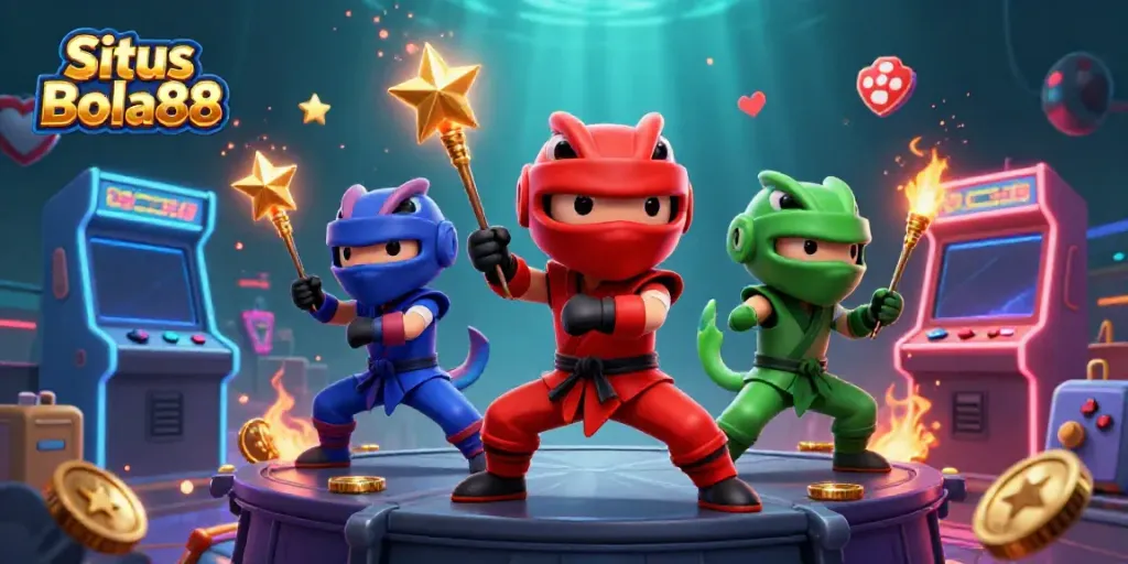 Situs Bola88 showcases ninja chameleons in martial arts poses amid vibrant arcade and casino elements.