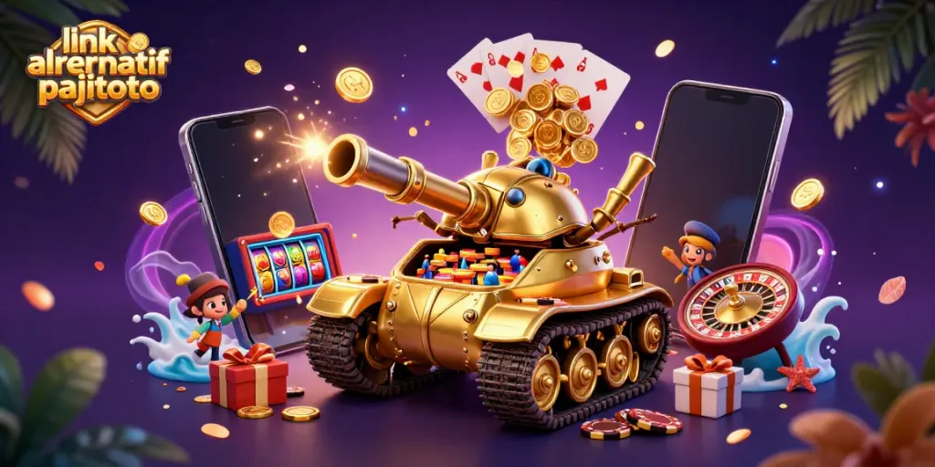 Engage with link alrernatif pajitoto through a vibrant 3D casino scene featuring a unique beetle tank and gaming elements.