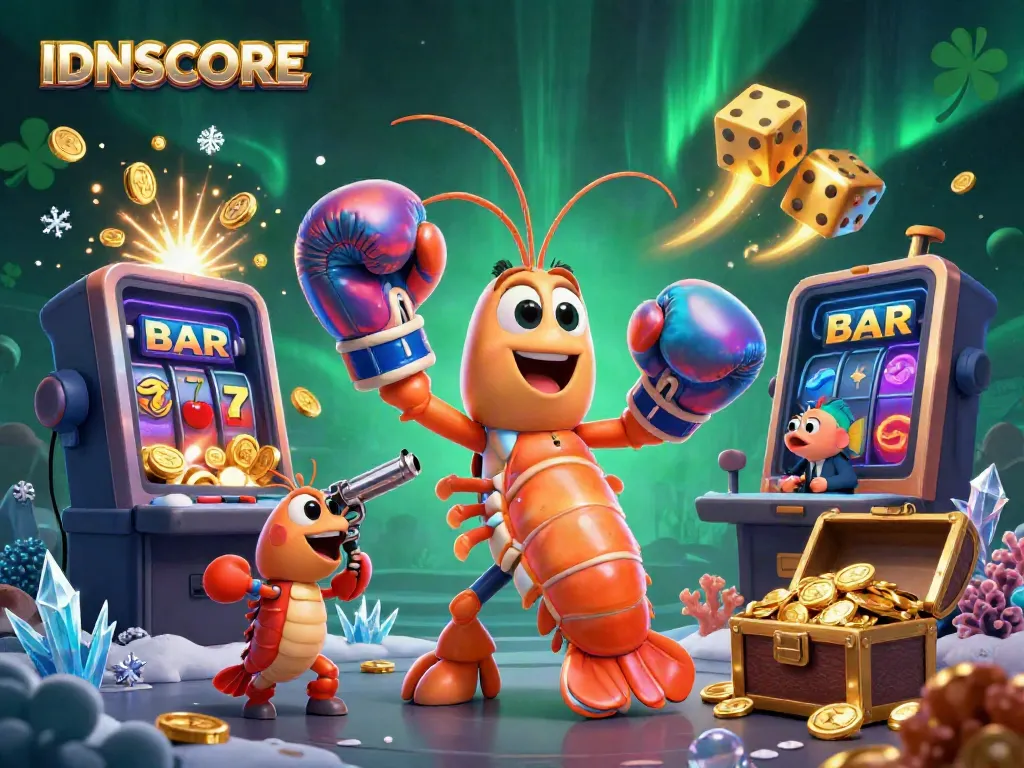 Experience thrilling jackpots with IDNSCORE, featuring dynamic casino game elements and vibrant characters.