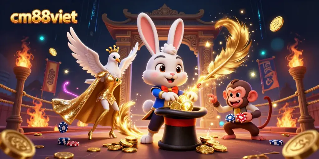 Experience the thrilling cm88viet casino scene with a magician rabbit, dove, and monkey amidst dazzling gold coins and vibrant gaming elements.