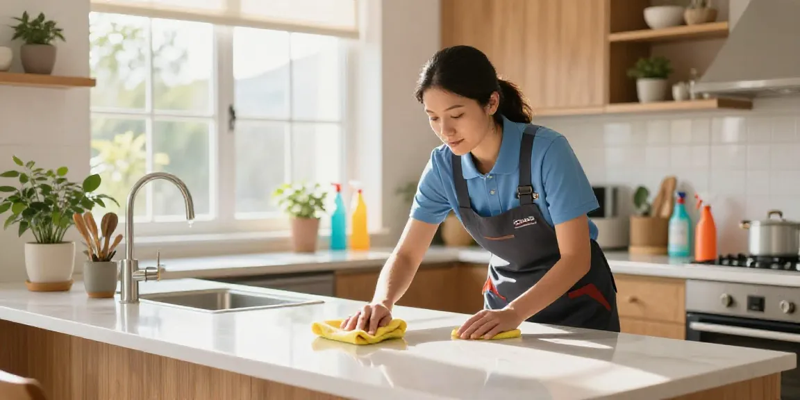 Home cleaning in Melbourne with a professional cleaner in a bright kitchen wiping surfaces clean.