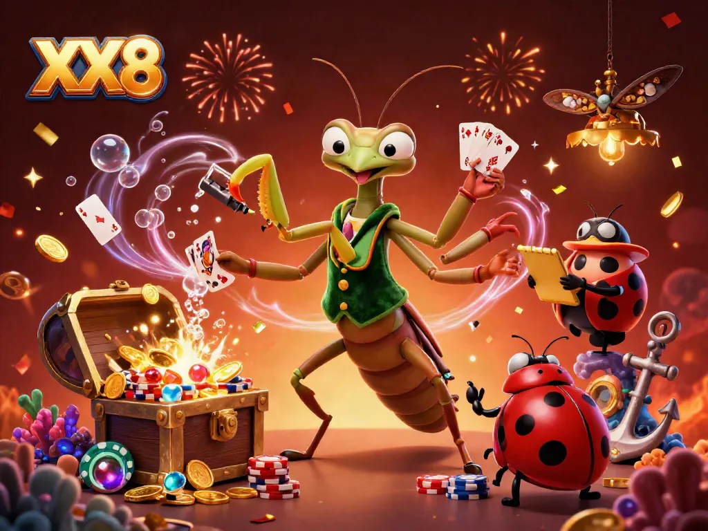 Experience winning gameplay at XX8 with giant card sharp and pit boss in a vibrant casino scene.
