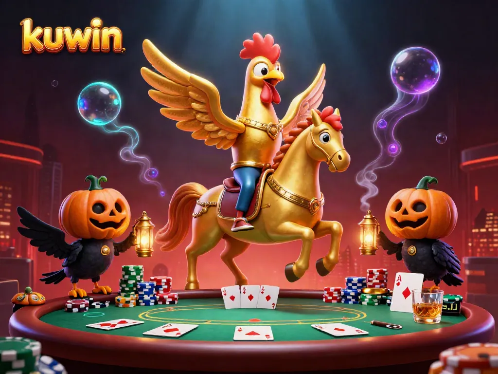 Kuwin golden rooster heads to a midnight casino, surrounded by poker elements for thrills.