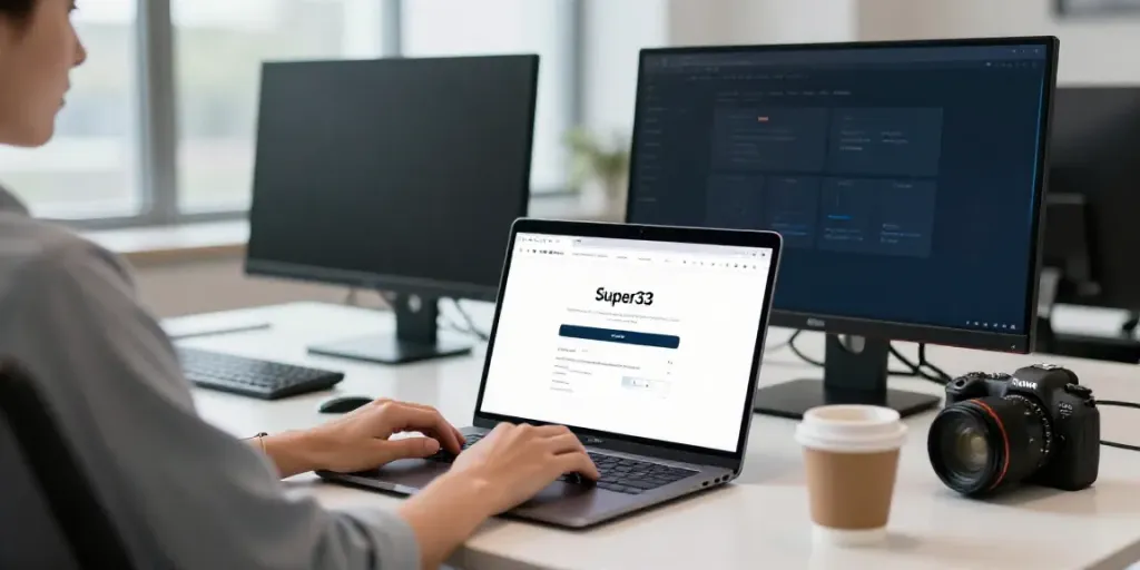 Accessing Super33 login on a sleek laptop in a bright tech workspace.