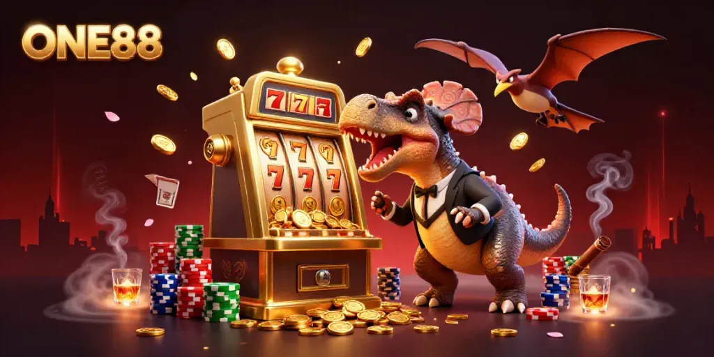 ONE88 jackpot scene featuring a dinosaur, slot machine, and golden coins in action.