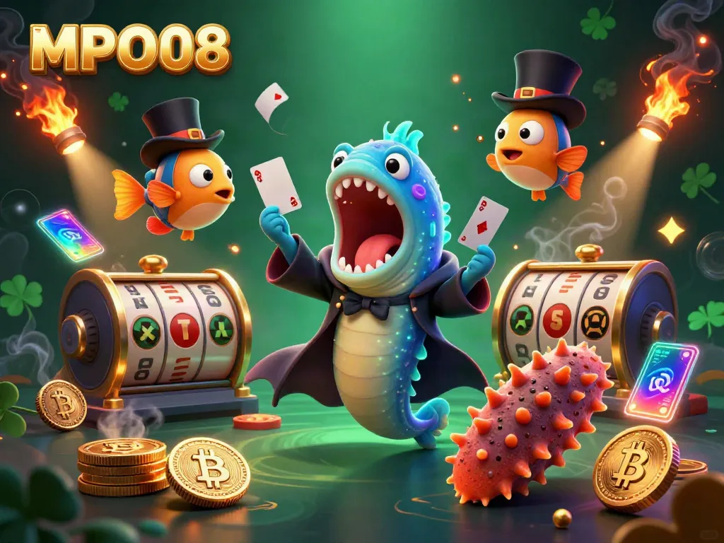 MPO08 showcases a vibrant underwater magic act featuring a gulper eel and anglerfish with glowing coins and slot reels.