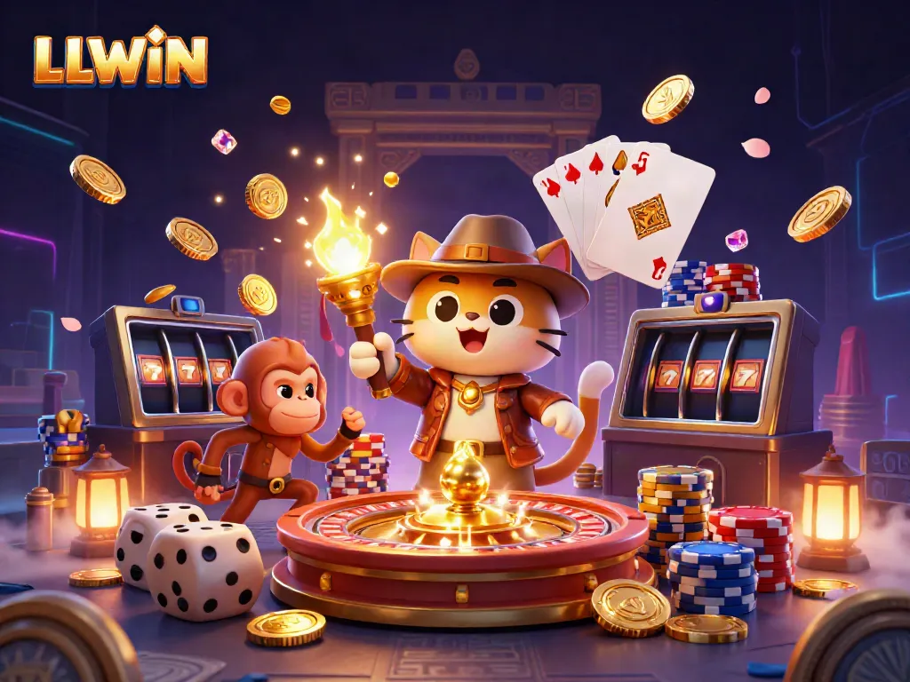 Discover exciting casino artifacts at LLWIN with thrilling visuals of characters and vibrant casino elements.