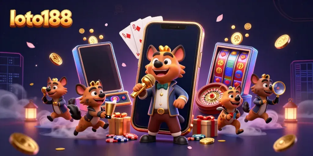 Experience the vibrant atmosphere of loto188's digital casino world with hyenas in action, humor, and games.