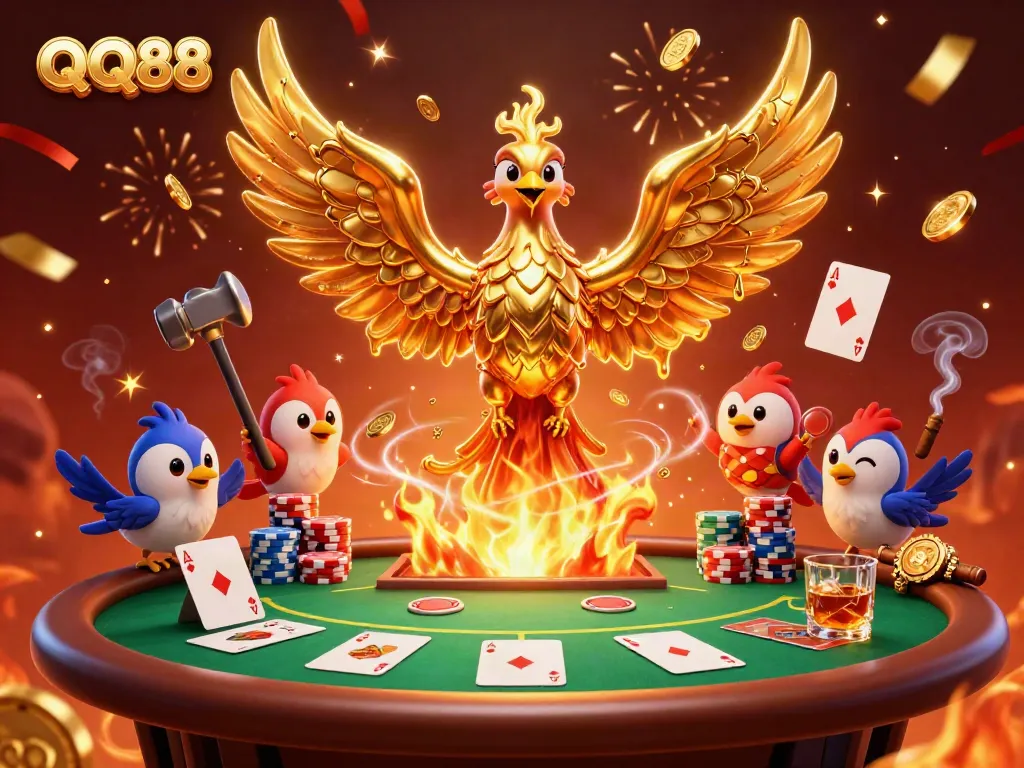 Experience thrilling gaming action at QQ88 with molten gold characters and vibrant poker elements.