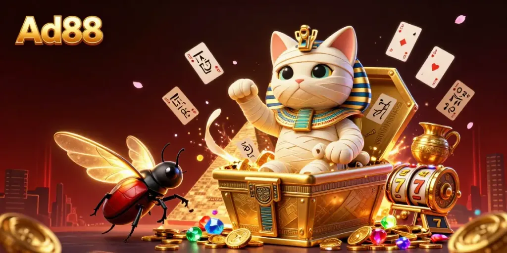 Engage with Ad88's thrilling gaming experience featuring an Egyptian mummy cat and glowing scarab beetle amidst a vibrant casino scene.
