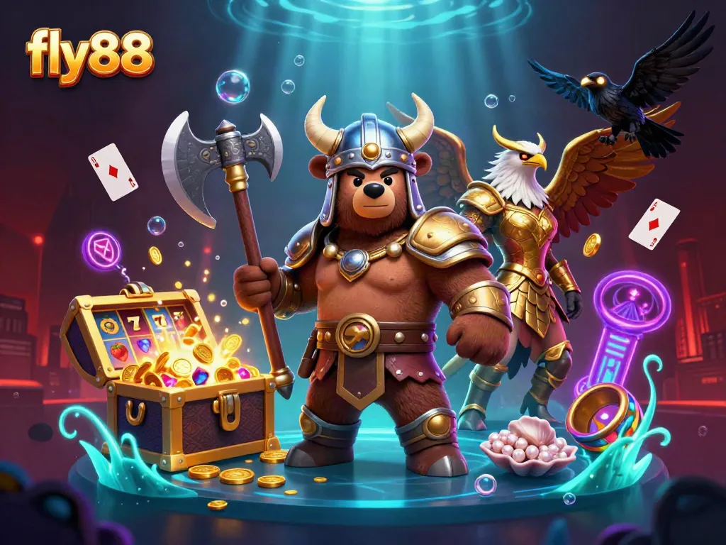 Experience the excitement of fly88 with a vibrant 3D casino illustration filled with immersive gaming elements.