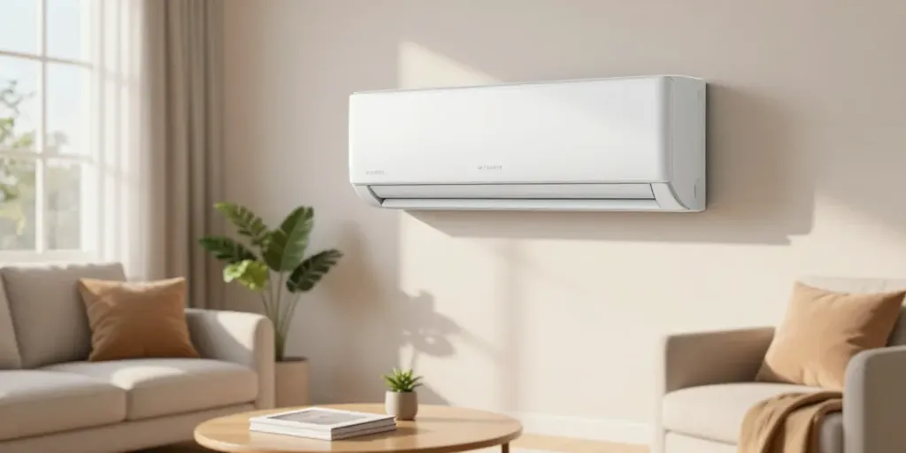 Stylish living room with mini split AC unit, showcasing comfort and efficiency.