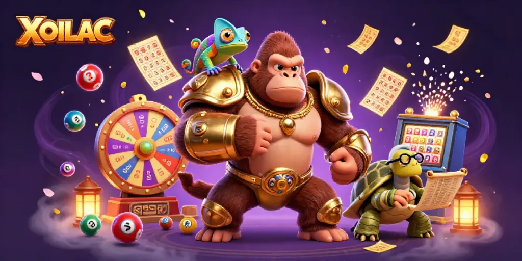 XOILAC features a powerful gorilla king and companions amidst vibrant casino elements