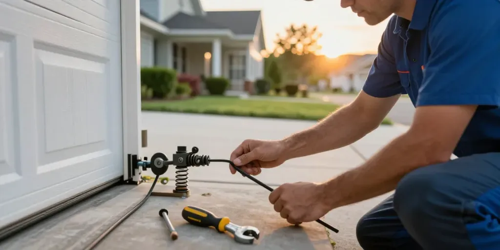 Garage door fixer near me repairing a suburban garage door with tools.