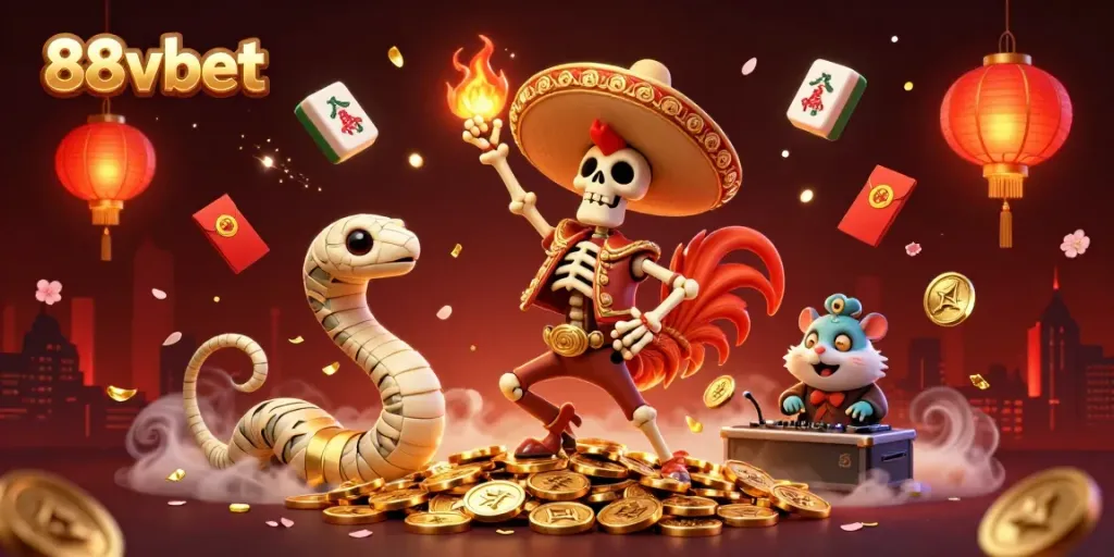 Experience the thrill of gaming with 88vbet's vibrant scene featuring dynamic characters and festive elements.