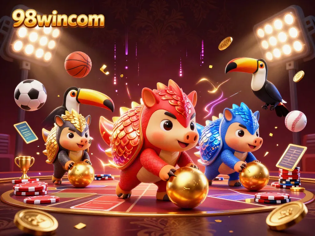 Experience thrilling games like never before with 98wincom's vibrant casino illustration featuring dynamic pangolins.