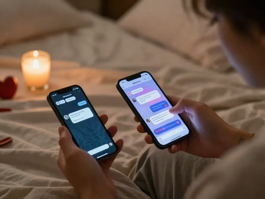 Couple engaging in ai sexting on smartphones in a cozy bedroom.