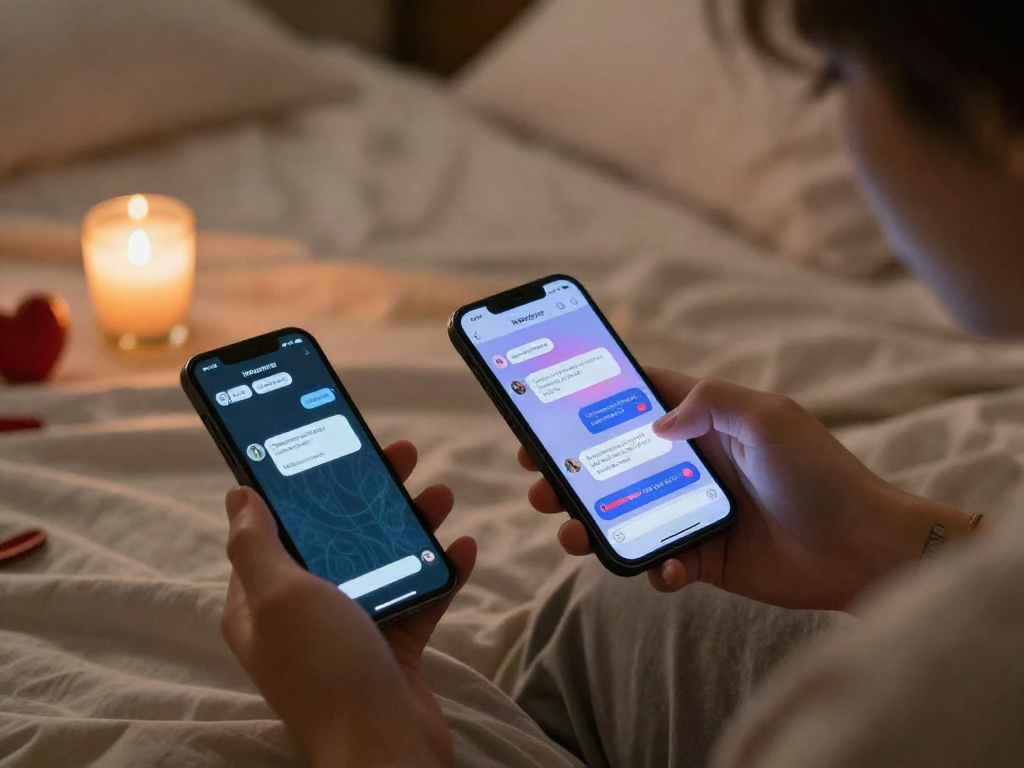 Couple engaging in ai sexting on smartphones in a cozy bedroom.