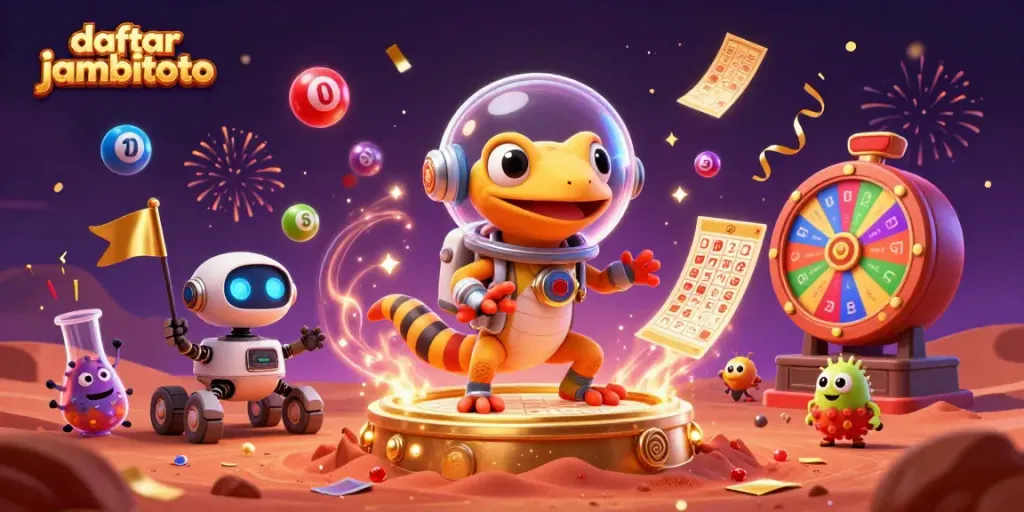Engage with daftar jambitoto in a vibrant 3D casino scene filled with lottery excitement and colorful elements.