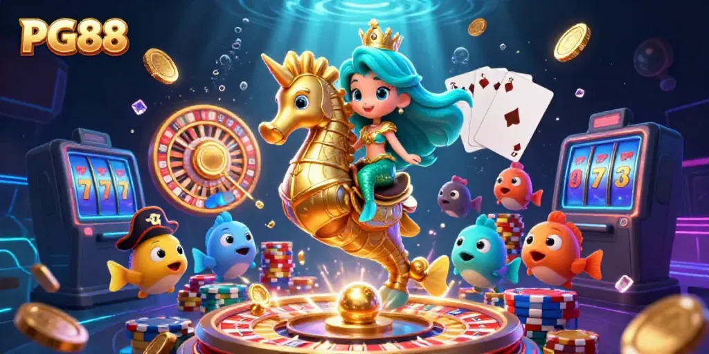 Experience PG88's vibrant gaming universe with a mermaid princess and treasures in a dynamic scene.