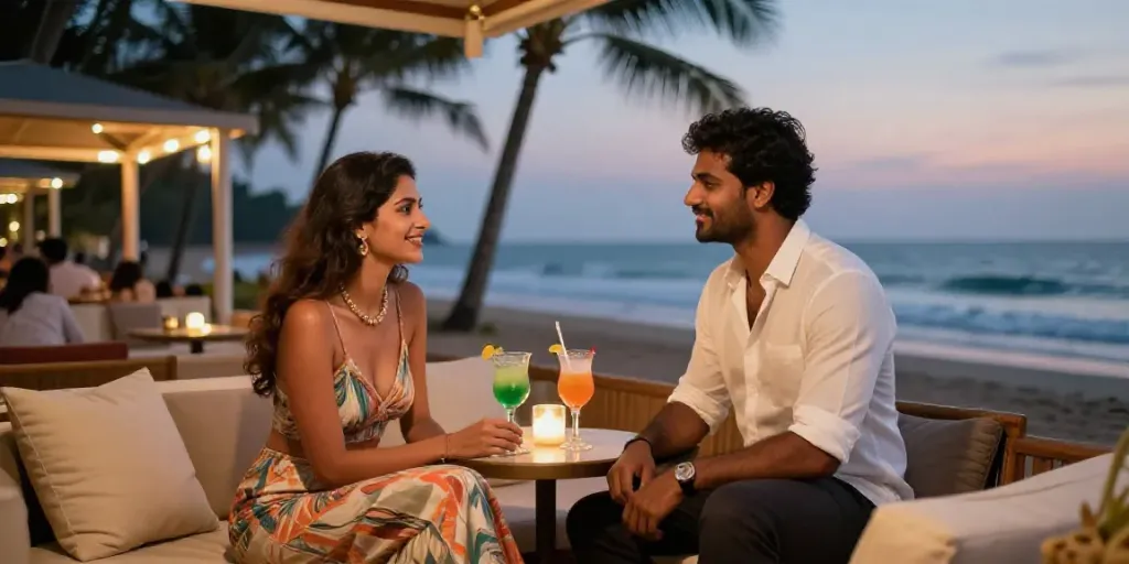 Goa escort enjoying a luxurious evening at a beach club with cocktails and ocean views.