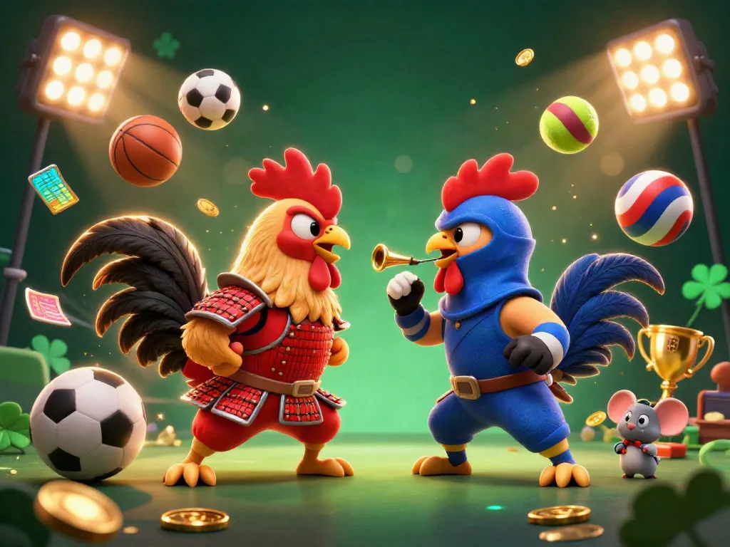 ABCVIP showcases an dynamic showdown with cartoon roosters and sports elements, highlighting top-notch betting experiences.