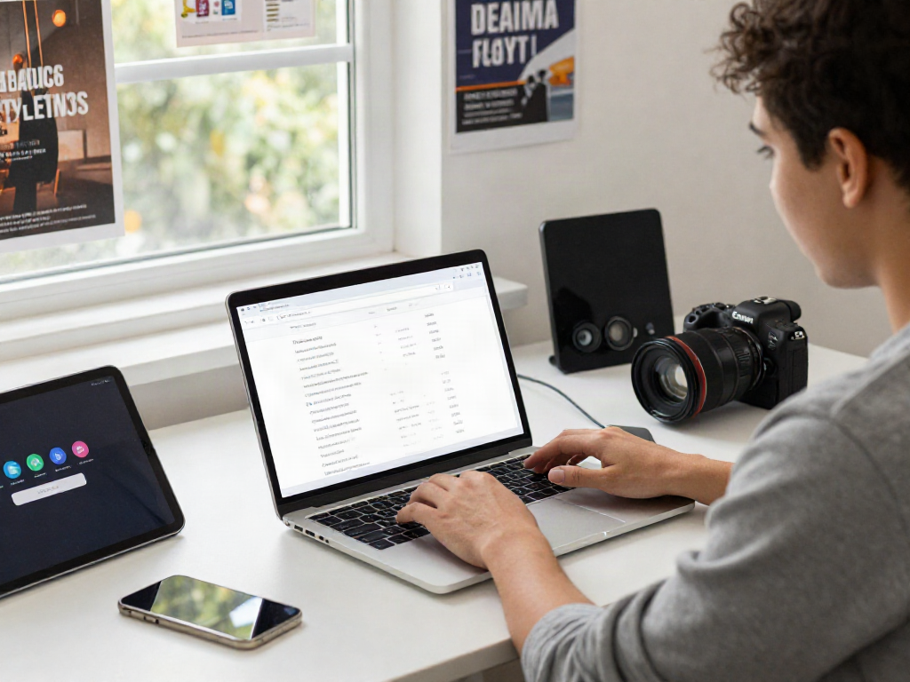 Engaged user navigating a site collection on a laptop, highlighting the keyword 사이트모음 in a vibrant workspace.