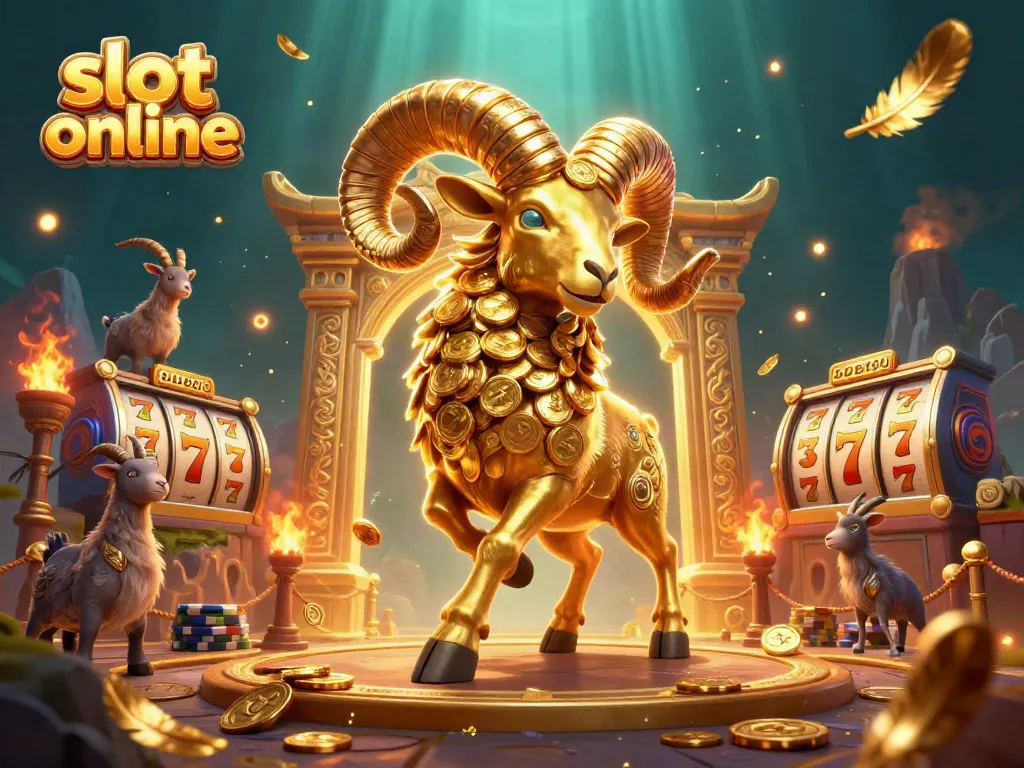Experience thrilling spins in slot online adventures featuring a golden ram charging through a vibrant casino atmosphere.