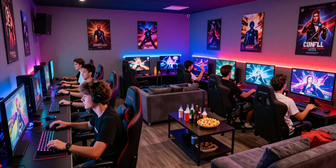 Engaged adult gamers enjoying immersive porn games in vibrant gaming lounge.