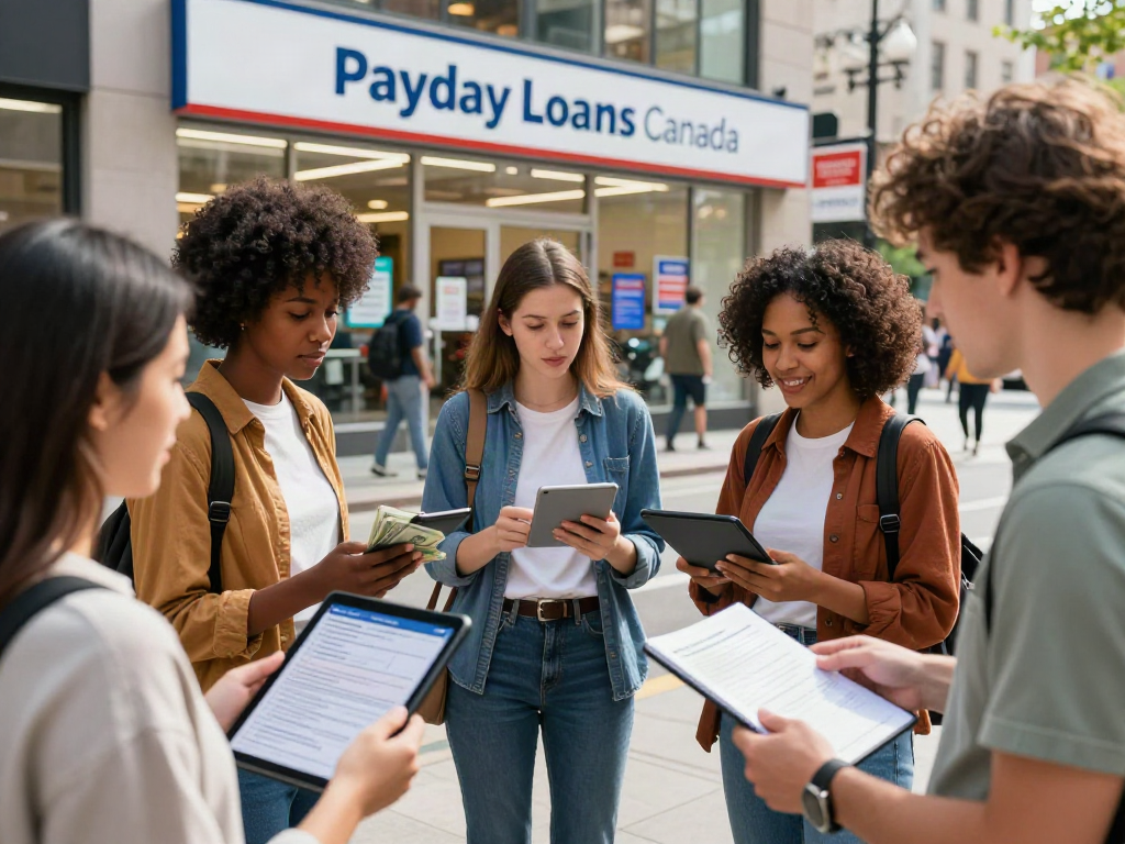 Payday Loans Canada transaction scene with individuals engaging outside a loan office, showcasing community support and financial relief.