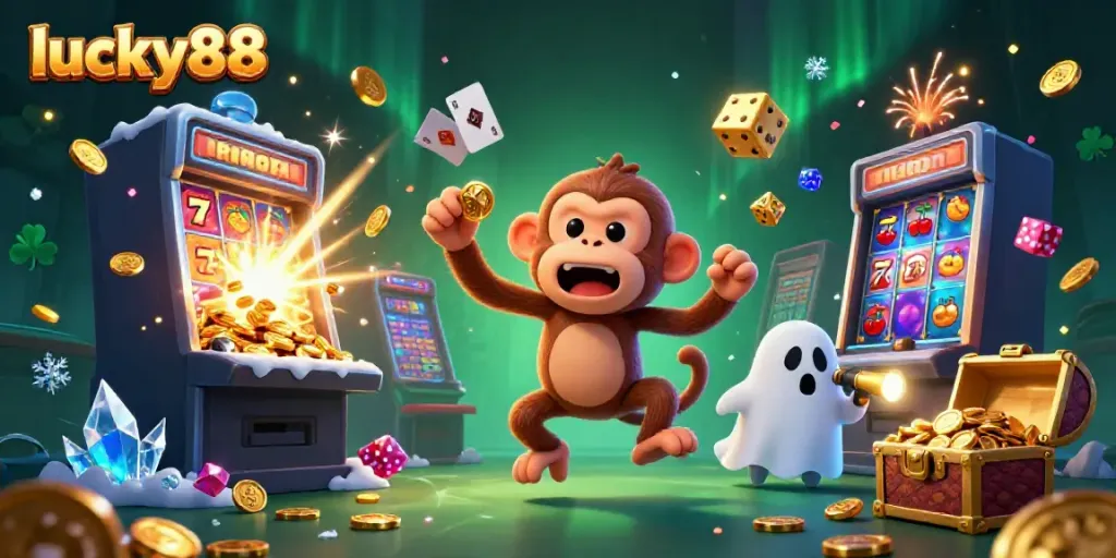 Experience the excitement of lucky88 with a whimsical scene of an invisible monkey juggling casino treasures.