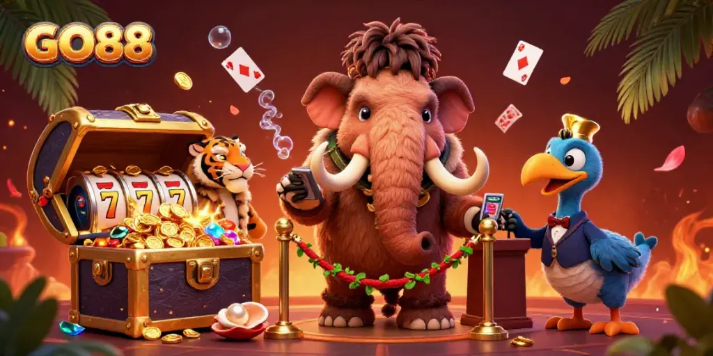 Join GO88's exciting casino experience with vibrant characters and slot gaming elements.