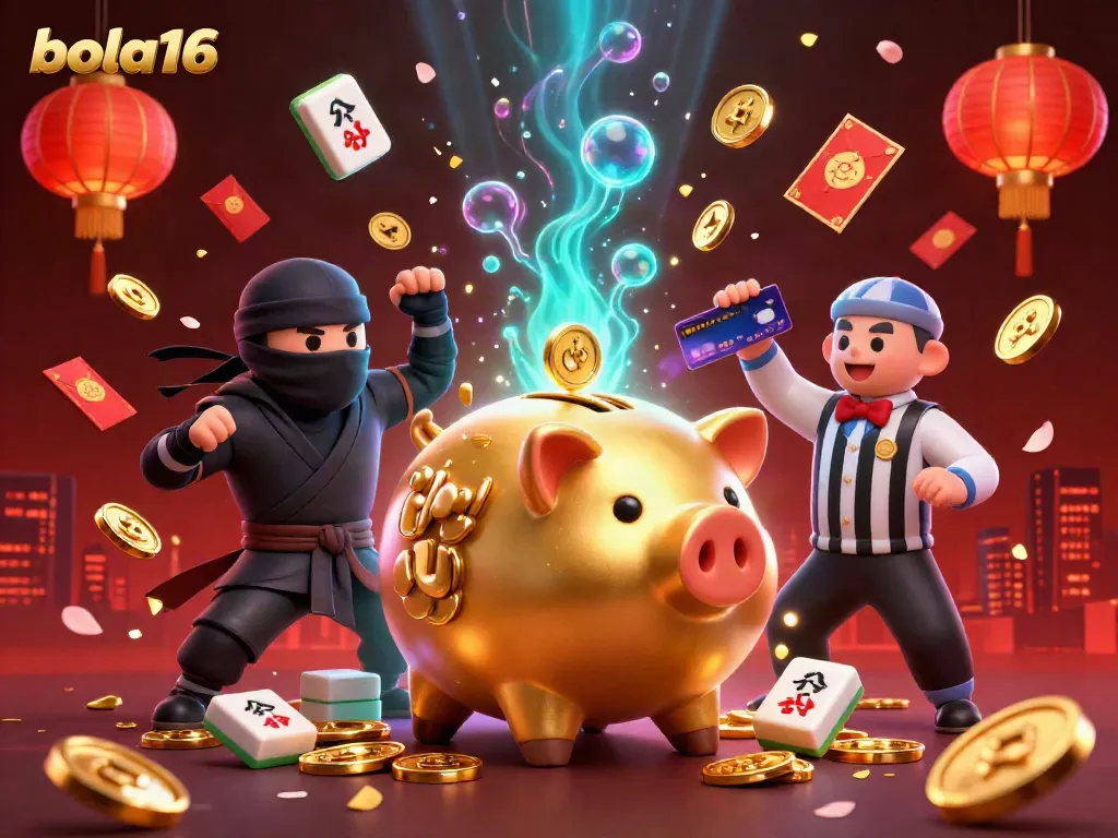 Bola16's gaming excitement captured in a vibrant 3D scene with golden piggy bank and action-packed characters.