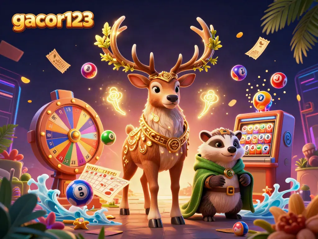 Engage with gacor123 through a vibrant 3D casino scene filled with dynamic lottery elements.