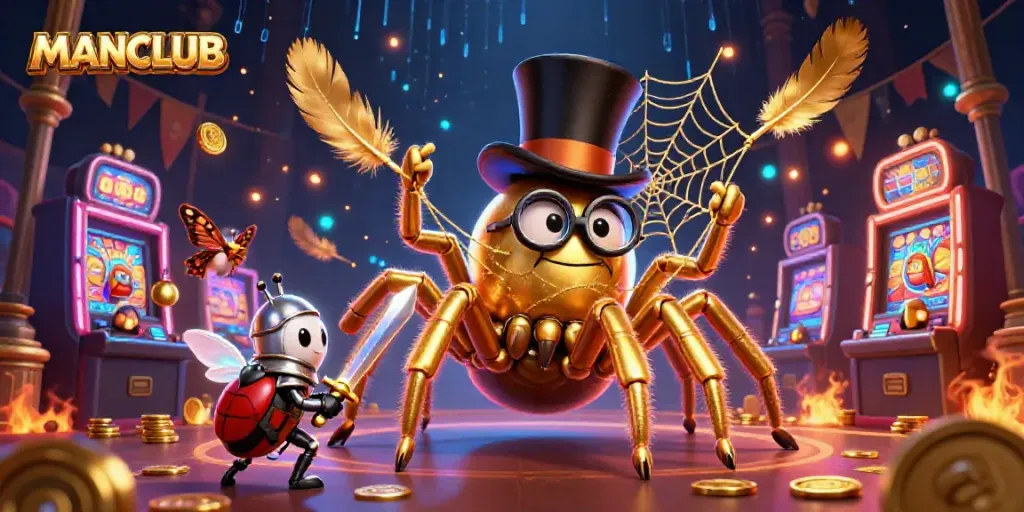 Engage with MANCLUB in a vibrant 3D casino scene featuring a golden tarantula, beetle knight, and lively elements.