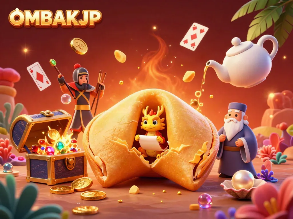 Engage with OMBAKJP's vibrant gambling scene featuring the golden fortune cookie, dragon, and gold treasures.
