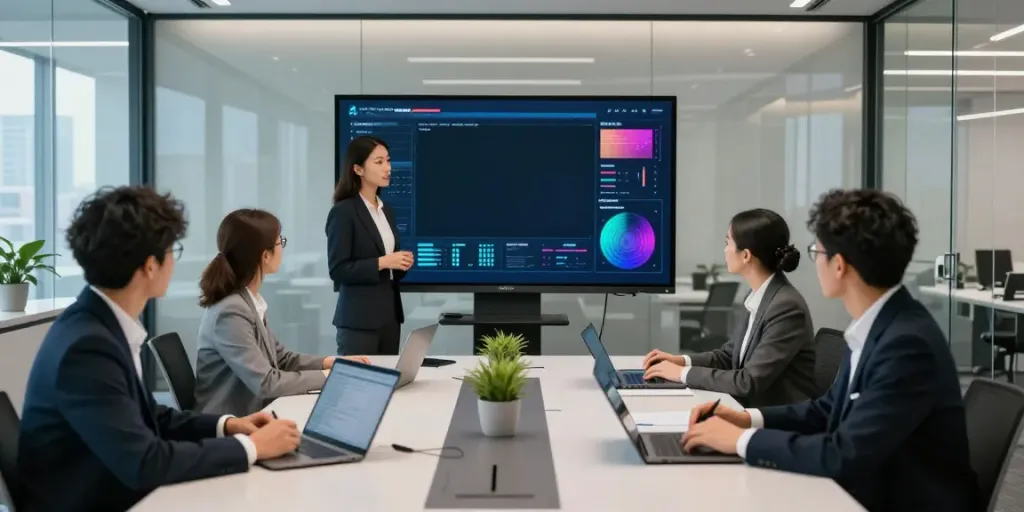 Deepfake protected meetings in a modern corporate setting with diverse professionals collaborating.
