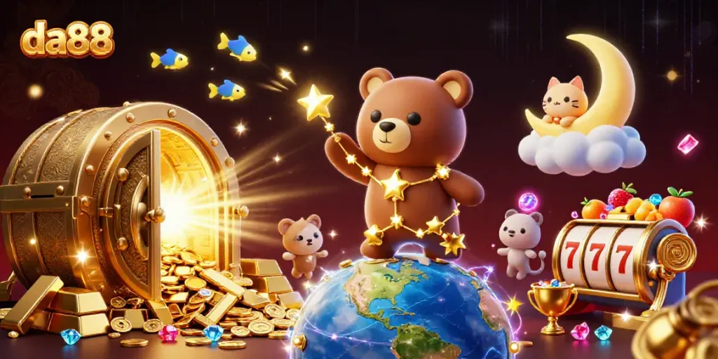Experience thrilling gameplay with da88's enchanting casino illustration featuring a starry bear and slot elements.