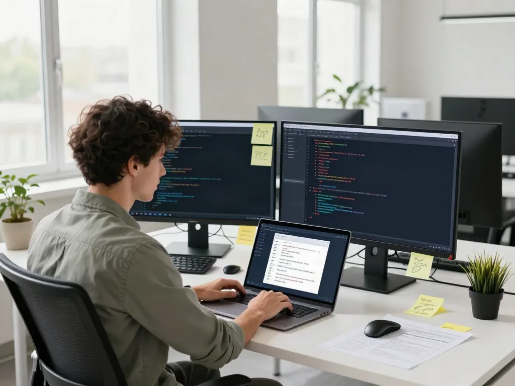 Developer working on an apk file in a bright, modern tech workspace.
