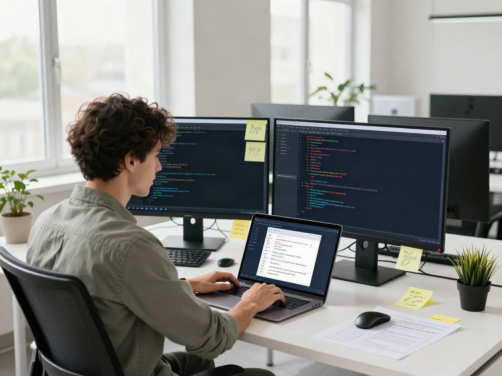 Developer working on an apk file in a bright, modern tech workspace.