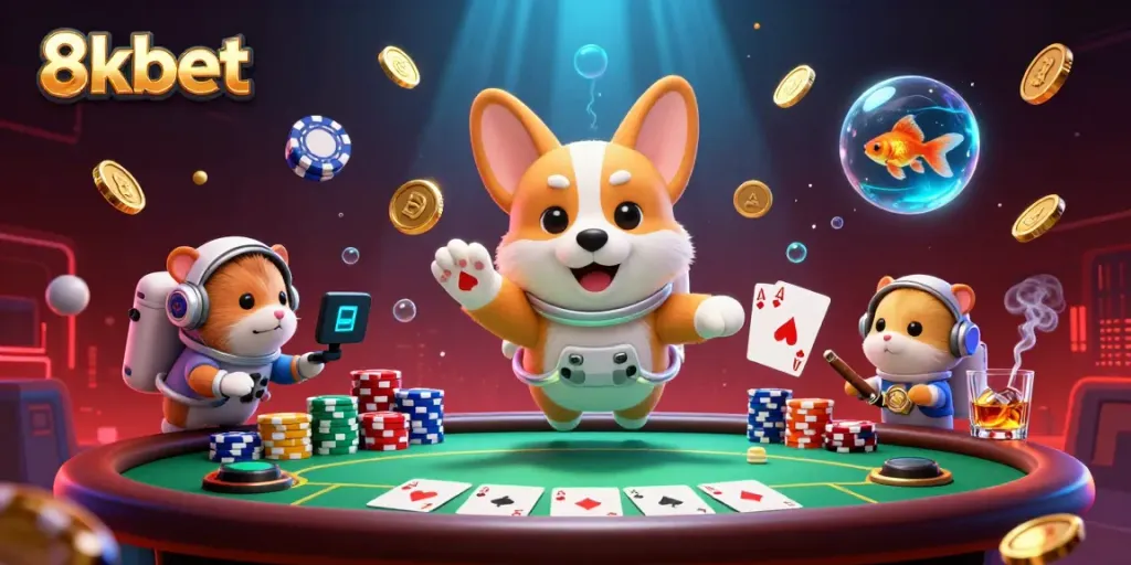 Engage with 8xbet's thrilling space casino scene featuring a playful corgi and vibrant poker elements.
