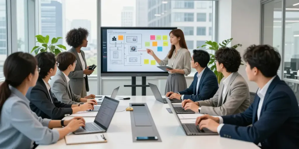 Why not try here in a dynamic corporate meeting with diverse professionals brainstorming ideas.